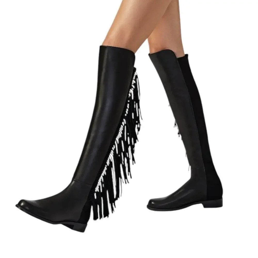 Stuart Weitzman 5050 Fringe Over The‎ Knee Boot Black Nappa Leather Size 7